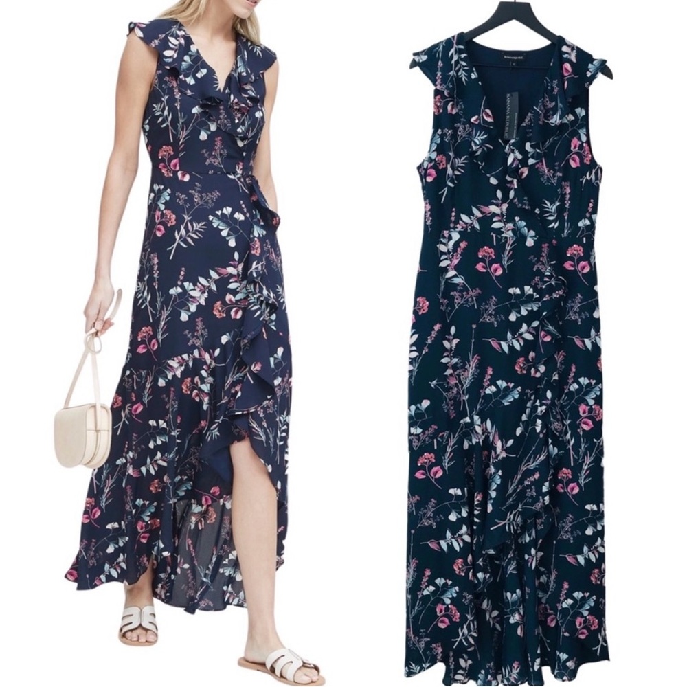 New! Banana Republic Faux Wrap Floral Navy Party Cocktail Maxi Dress